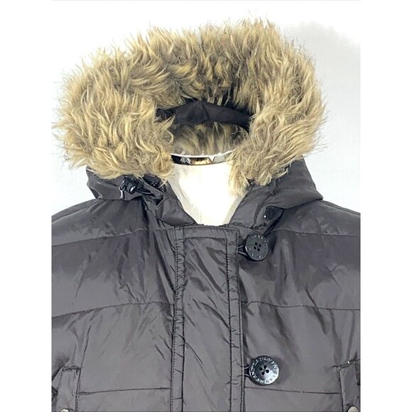 Lands' End Down Puffer Jacket Coat Brown Women Sz S 6-8 Zip Faux Fur Trim - Picture 2 of 8
